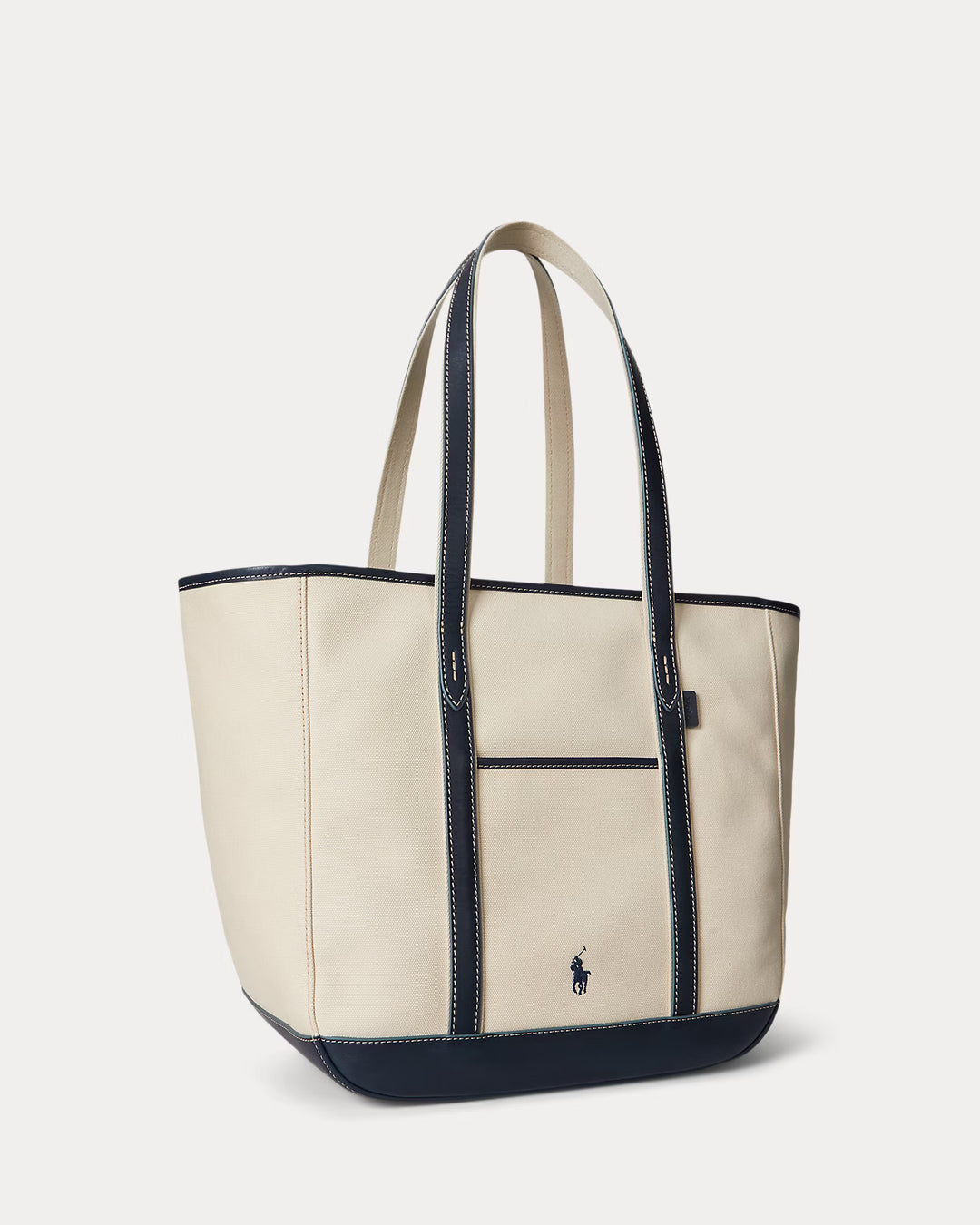 Ralph Lauren Leather-Trim Canvas Medium Shopper Tote | Ecru/Navy