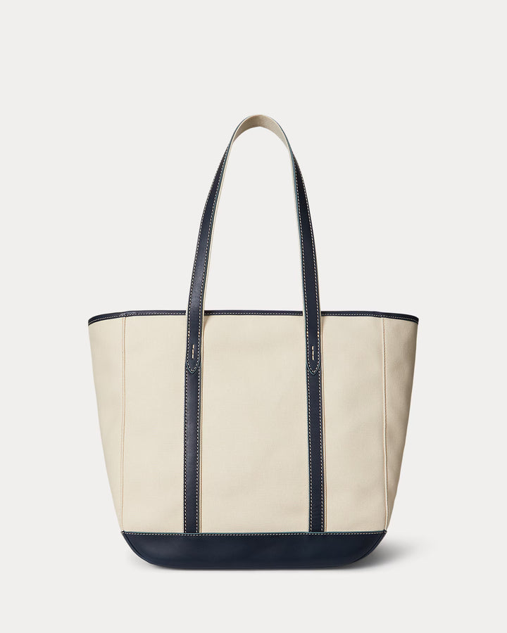 Ralph Lauren Leather-Trim Canvas Medium Shopper Tote Bag | Navy/Ecru