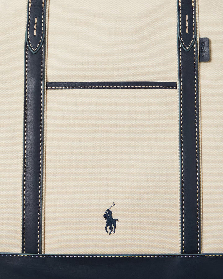 Ralph Lauren Leather-Trim Canvas Medium Shopper Tote | Ecru/Navy