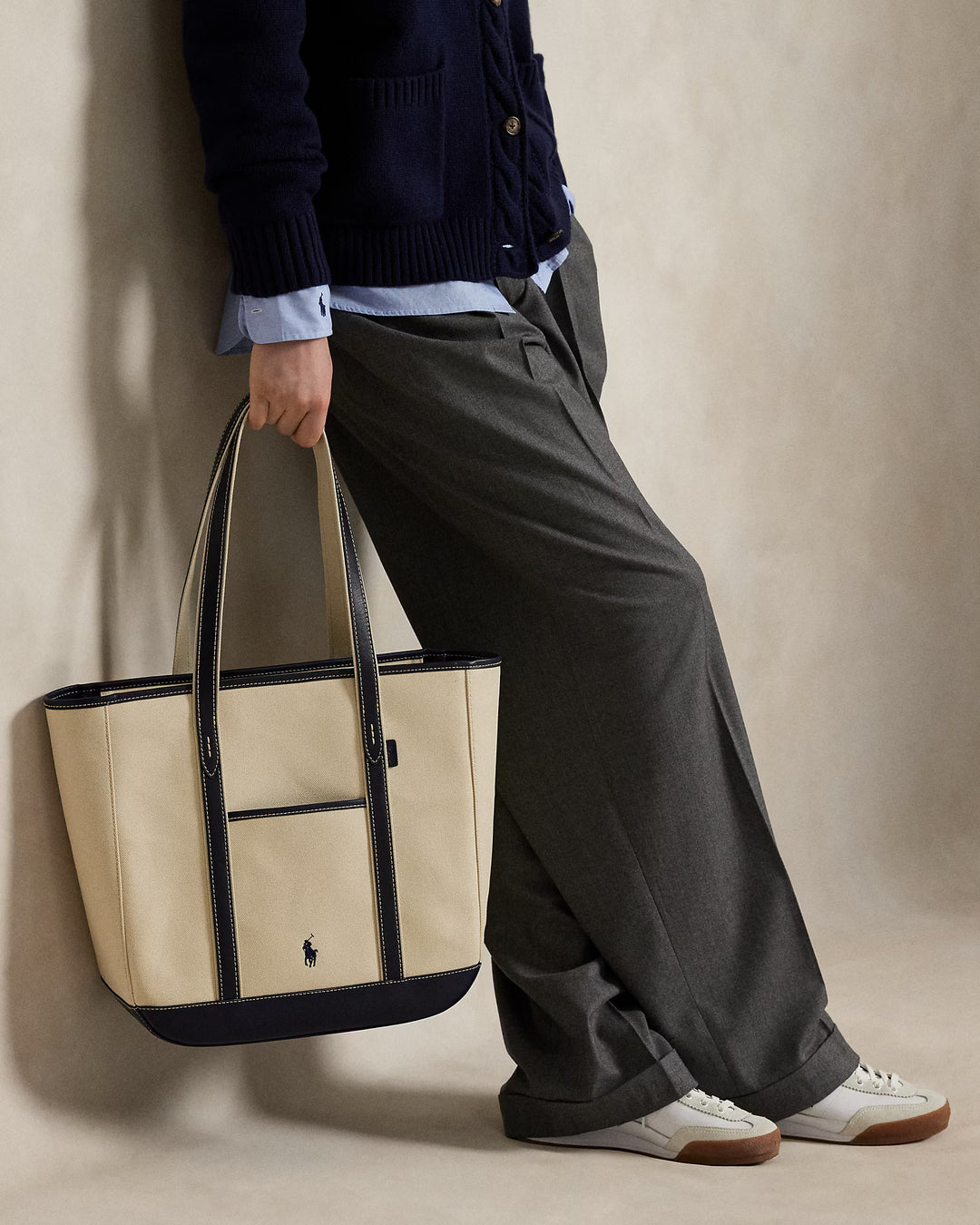 Ralph Lauren Leather-Trim Canvas Medium Shopper Tote | Ecru/Navy
