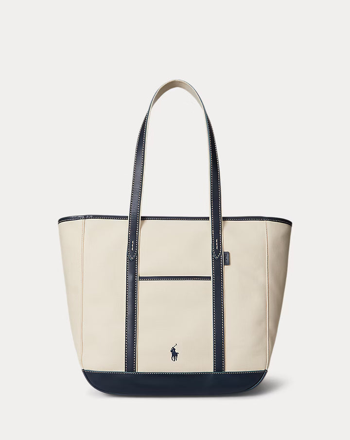 Ralph Lauren Leather-Trim Canvas Medium Shopper Tote | Ecru/Navy