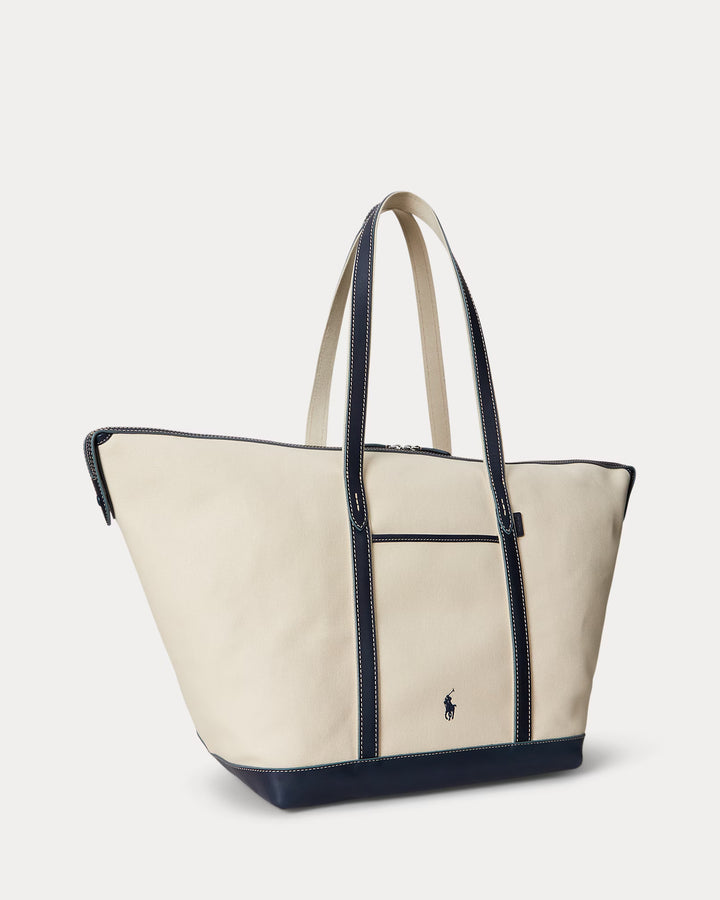 Ralph Lauren Large Canvas Leather-Trim Shopper Tote | Ecru/Navy