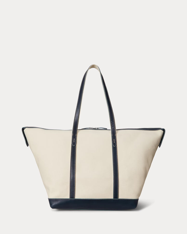 Ralph Lauren Large Canvas Leather-Trim Shopper Tote | Ecru/Navy