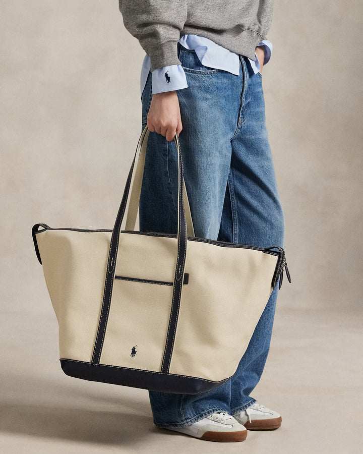 Ralph Lauren Large Canvas Leather-Trim Shopper Tote | Ecru/Navy