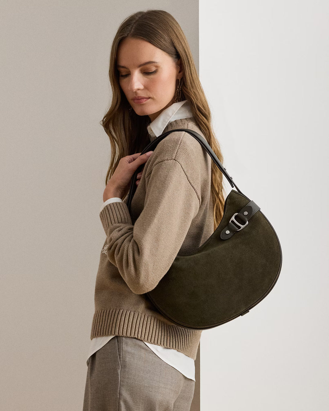 Lauren Ralph Lauren Suede Large Tasha Shoulder Bag | Dark Olive