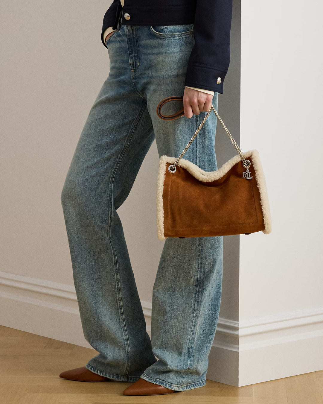 Lauren Ralph Lauren Shearling-Trim Medium Bradley Tote Bag | Tan/Natural