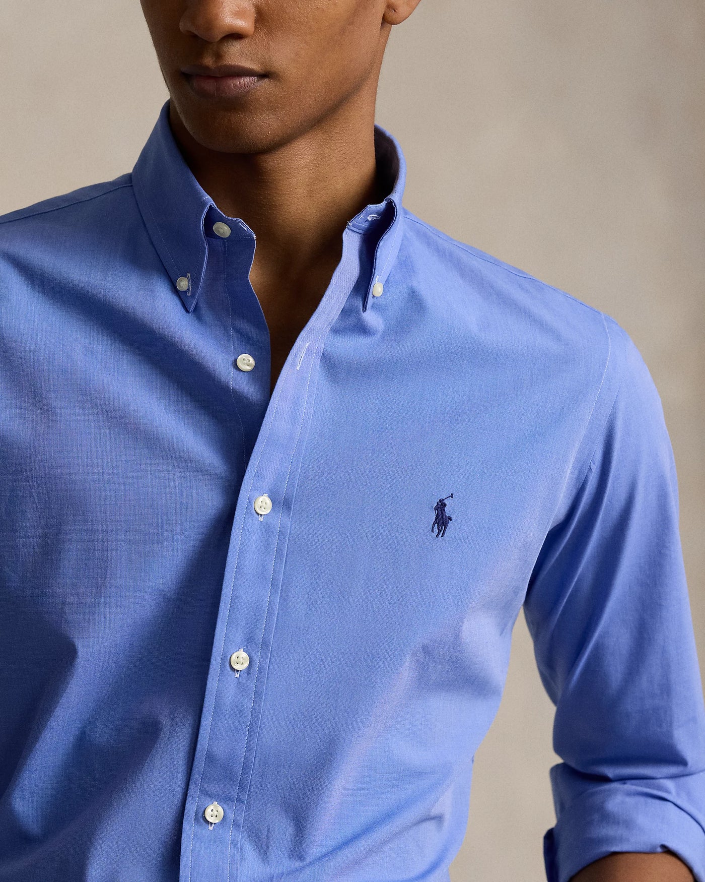 Ralph Lauren Custom Fit Stretch Poplin Shirt | Blue End on End