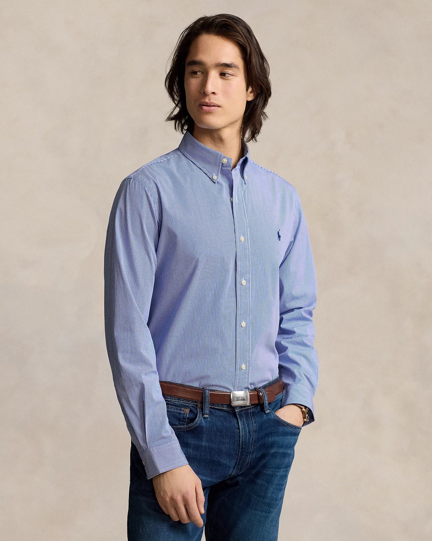 Ralph Lauren Custom Fit Stretch Poplin Shirt | Blue/Hairline