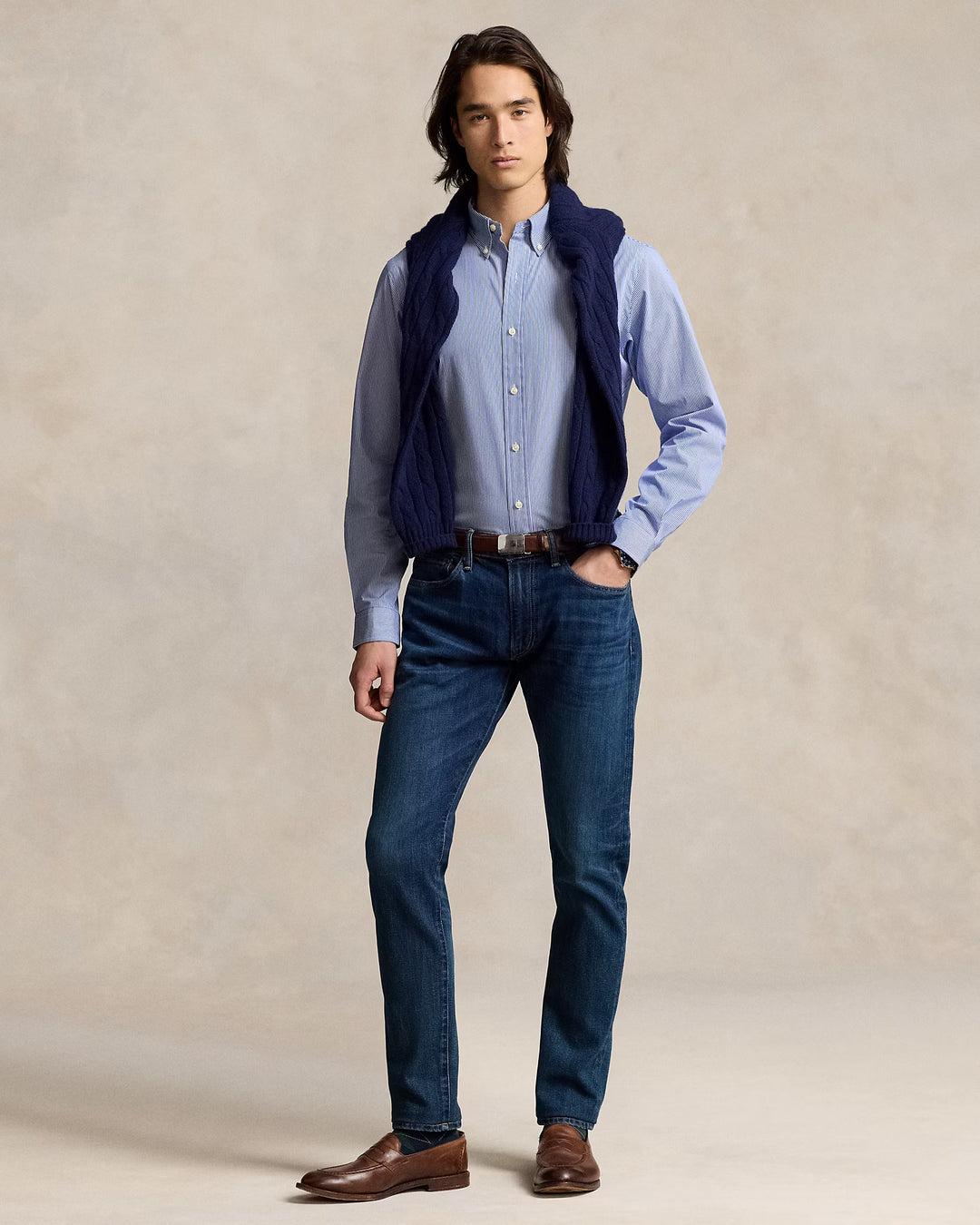 Ralph Lauren Custom Fit Stretch Poplin Shirt | Blue Hairline