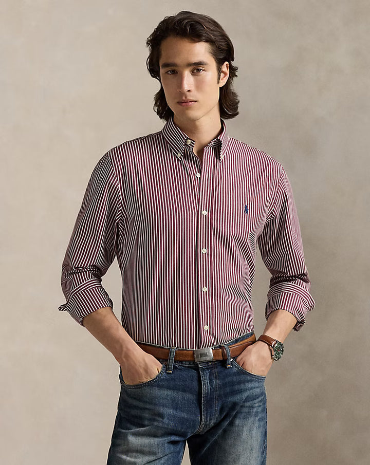 Ralph Lauren Custom Fit Striped Stretch Poplin Shirt | Wine/White
