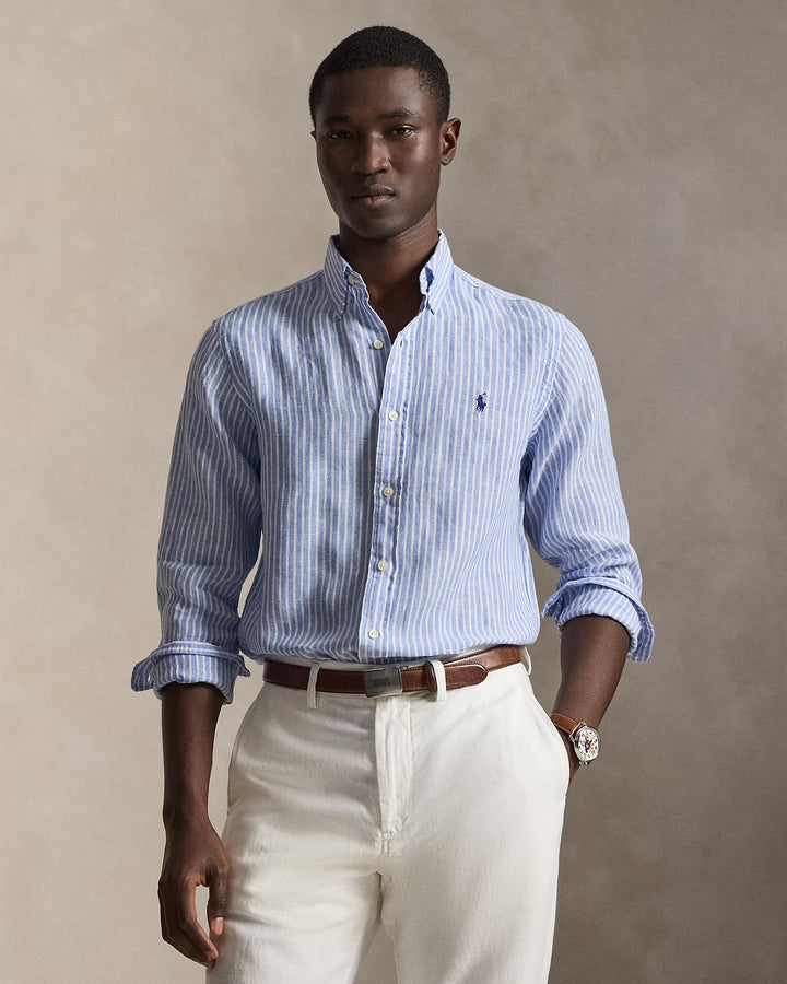 Ralph Lauren Custom Fit Striped Linen Shirt | Light Blue/White