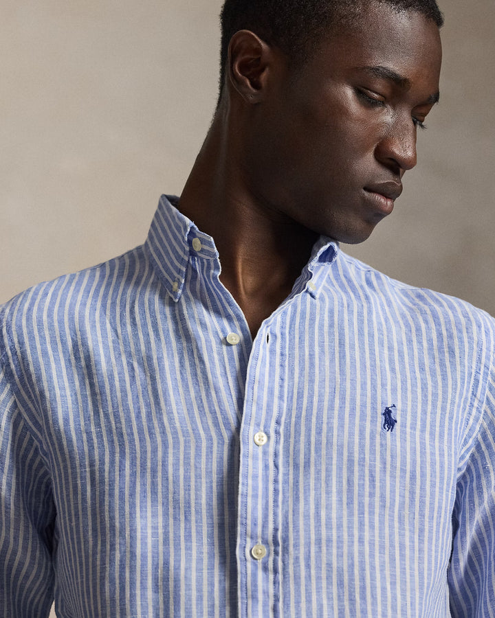 Ralph Lauren Custom Fit Striped Linen Shirt | Light Blue/White