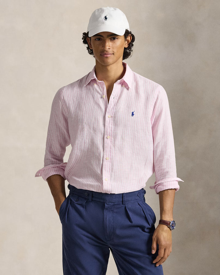 Ralph Lauren Custom Fit Striped Linen Shirt | Pink/White