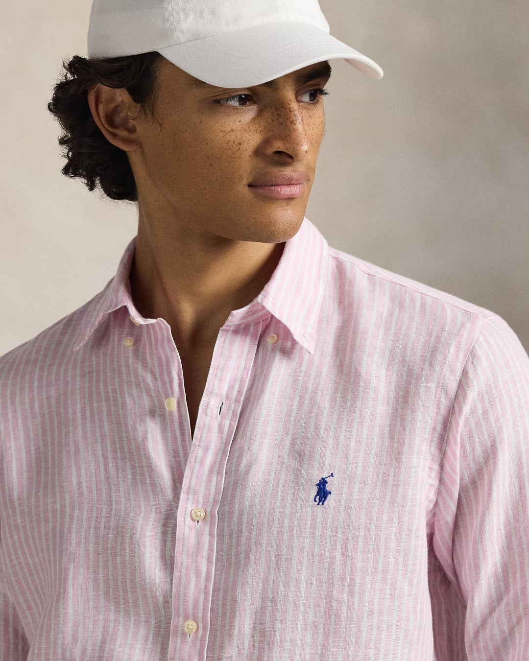 Ralph Lauren Custom Fit Striped Linen Shirt | Pink/White