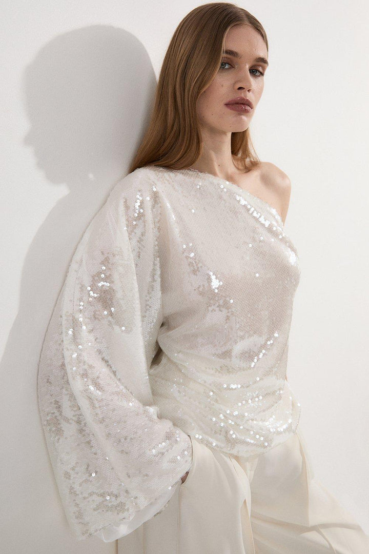 Karen Millen Liquid Shine One Shoulder Woven Sequin Blouse | White