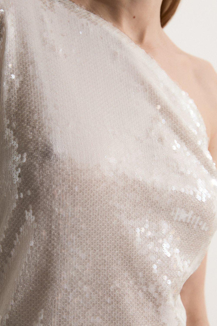 Karen Millen Liquid Shine One Shoulder Woven Sequin Blouse | White