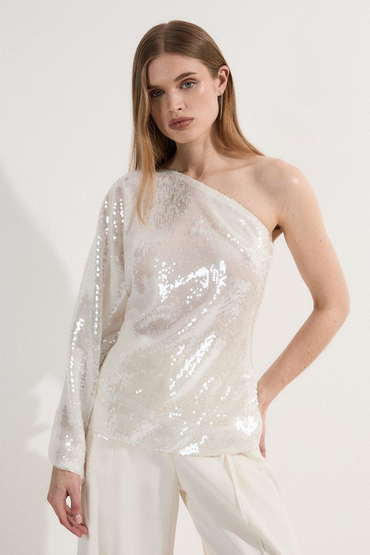 Karen Millen Liquid Shine One Shoulder Woven Sequin Blouse | White
