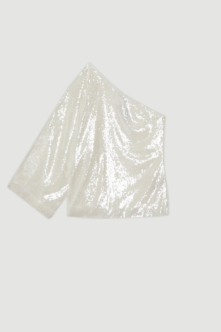 Karen Millen Liquid Shine One Shoulder Woven Sequin Blouse | White