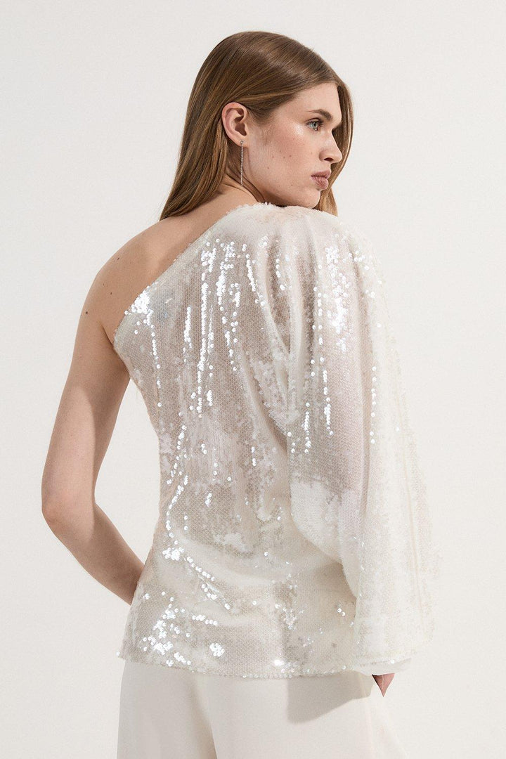 Karen Millen Liquid Shine One Shoulder Woven Sequin Blouse | White