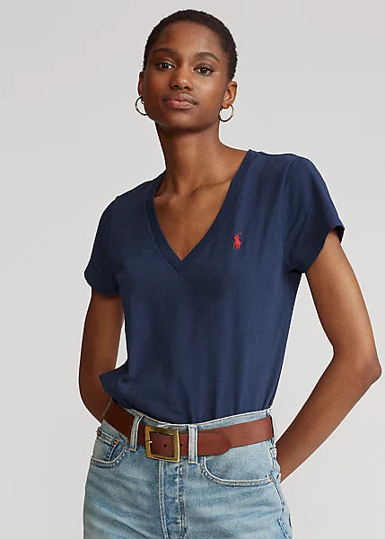 Ralph Lauren Βαμβακερό Τζέρσει T-Shirt με V | Σκούρο Μπλε