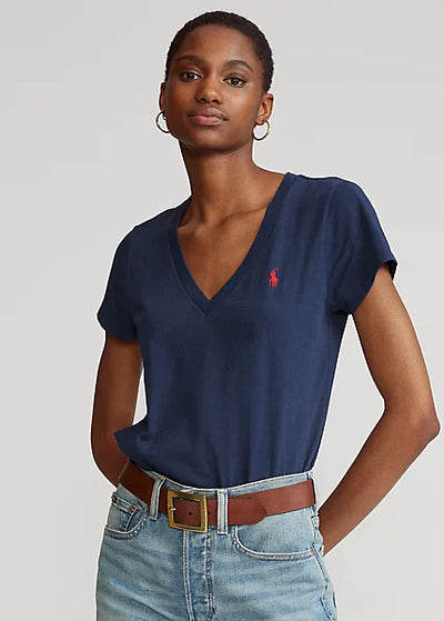 Ralph Lauren Βαμβακερό Τζέρσει T-Shirt με V | Σκούρο Μπλε