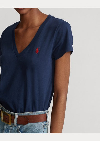 Ralph Lauren Βαμβακερό Τζέρσει T-Shirt με V | Σκούρο Μπλε