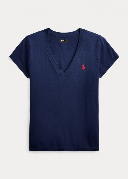 Ralph Lauren Βαμβακερό Τζέρσει T-Shirt με V | Σκούρο Μπλε